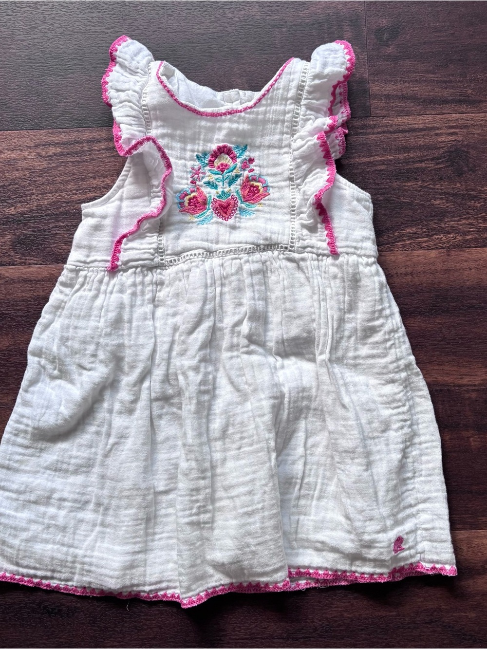 Gymboree White Dress with Pink Trim and Multicolor Floral Embroidery